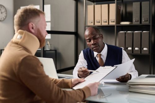 Insurance broker helping man with neck brace